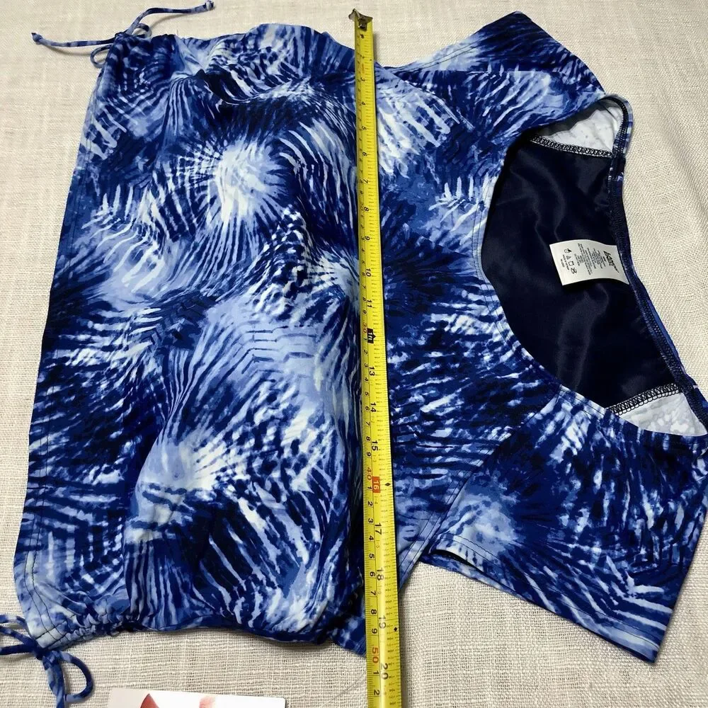 Lands End Tie Dye Tankini Swim Top Women 18W Blue Palm Print Padded Beach Resort